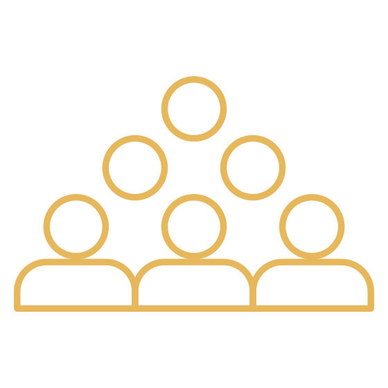 Golden outline icons of people arranged in a pyramid: three figures at base, two above, one at top.